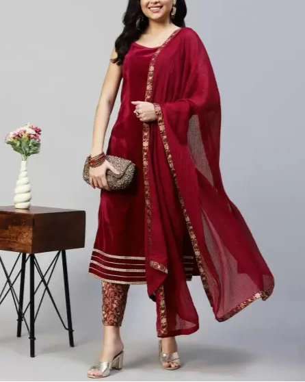 Women Velvet Kurta Pant Dupatta Set-KYAMSTORE