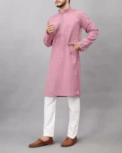 Men Chikan Embroidery Viscose Rayon Ethnic Dress (Color Variants)-KYAMSTORE