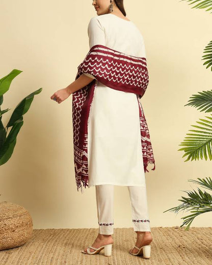 Women Khadi Cotton Kurti Pant Dupatta Set-KYAMSTORE