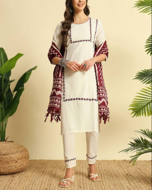 Women Khadi Cotton Kurti Pant Dupatta Set-KYAMSTORE