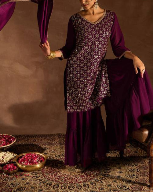 Women Georgette Kurta Sharara Dupatta Set-KYAMSTORE