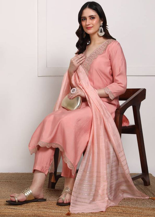 Women Pure Silk Kurti Pant Dupatta Set